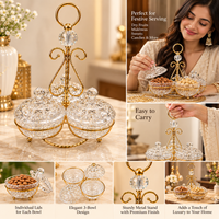 Anupam Gold Three Lidded Cut-Style Glass Bowl Dry Fruit & Mukhwas Serving Set with Scrollwork Stand and Ring Handle — image 3