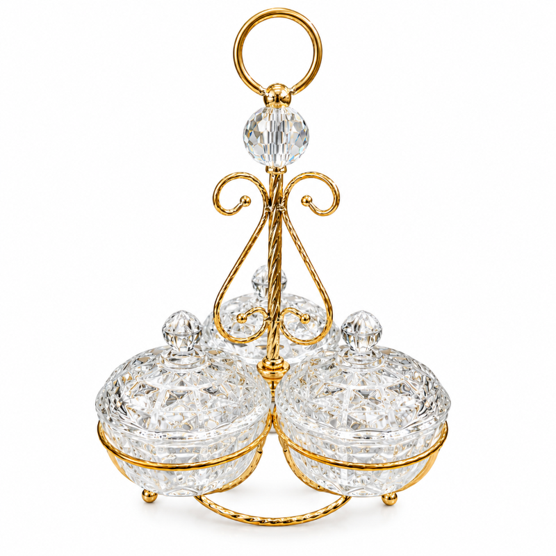 Anupam Gold Three Lidded Cut-Style Glass Bowl Dry Fruit & Mukhwas Serving Set with Scrollwork Stand and Ring Handle – 22 × 18 cm (H × W)