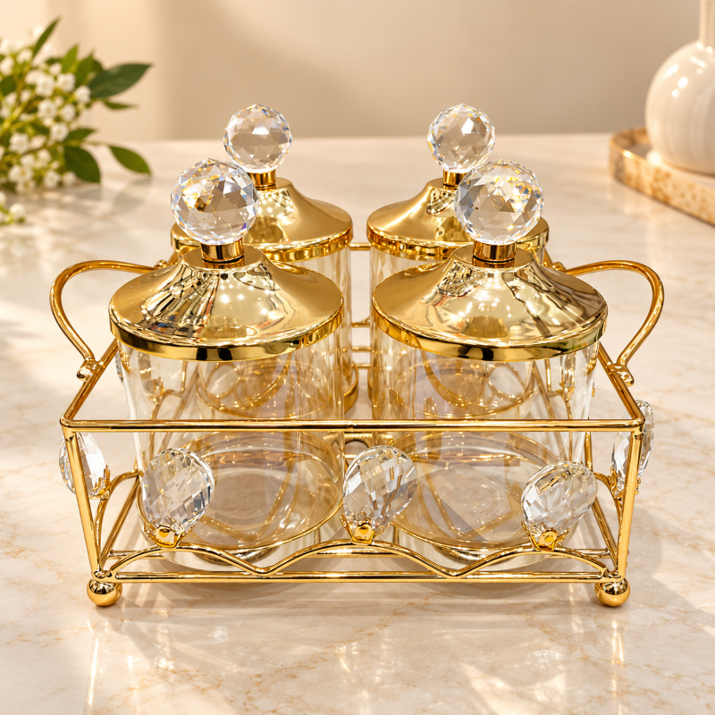 Anupam Gold Four Glass Jar Dry Fruit, Spice & Mukhwas Storage Set with Crystal-Style Knob Lids and Twin-Handle Metal Basket
