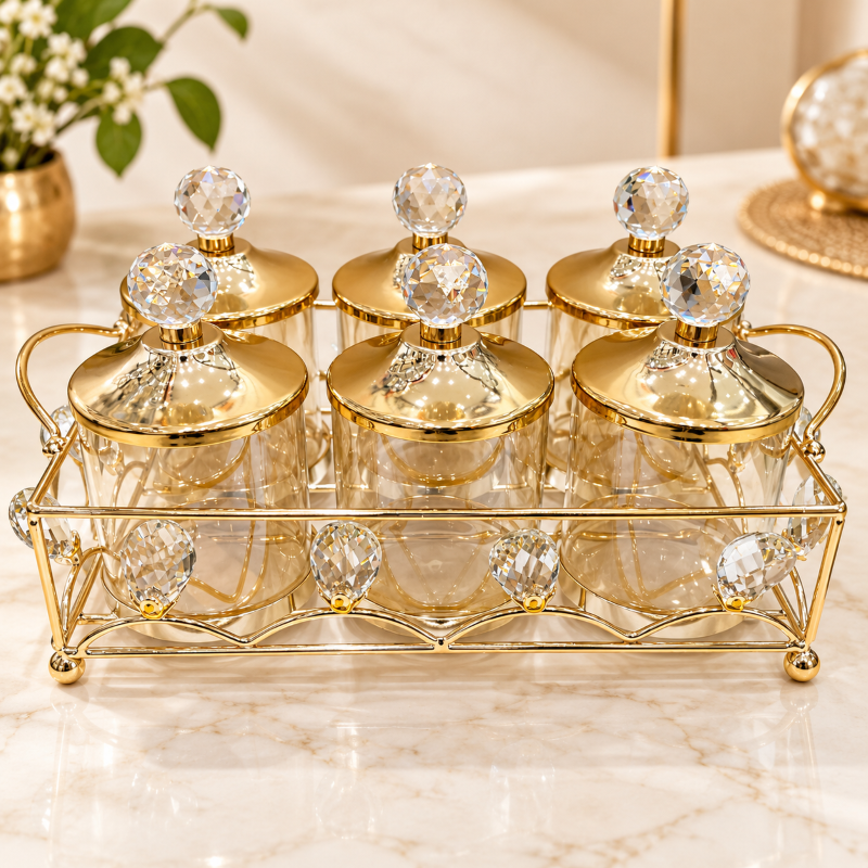 Anupam Gold Six Glass Jar Dry Fruit, Candy & Spice Storage Set with Crystal-Style Knob Lids and Decorative Metal Serving Rack