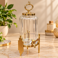 Anupam Gold Ribbed Glass Beverage Dispenser with Ring Handle Lid & Geometric Metal Stand, Gold Metal & Glass - product image 1