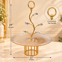 Anupam Gold Textured Glass Serving Tray with Crystal Style Leaf Accents & Ring Handle, Gold Metal & Glass - product image 2