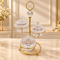 Anupam Gold Three Bowl Lidded Glass Candy & Dry Fruit Serving Stand with Ring Handle, Gold Metal & Glass - product image 1