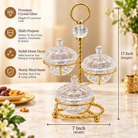 Anupam Gold Three Bowl Lidded Glass Candy & Dry Fruit Serving Stand with Ring Handle, Gold Metal & Glass - product image 3
