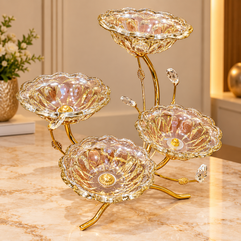 Anupam Gold Four Flower Bowl Glass Centrepiece with Branch Metal Stand for Table Decor, Gold Metal & Glass - product image 1