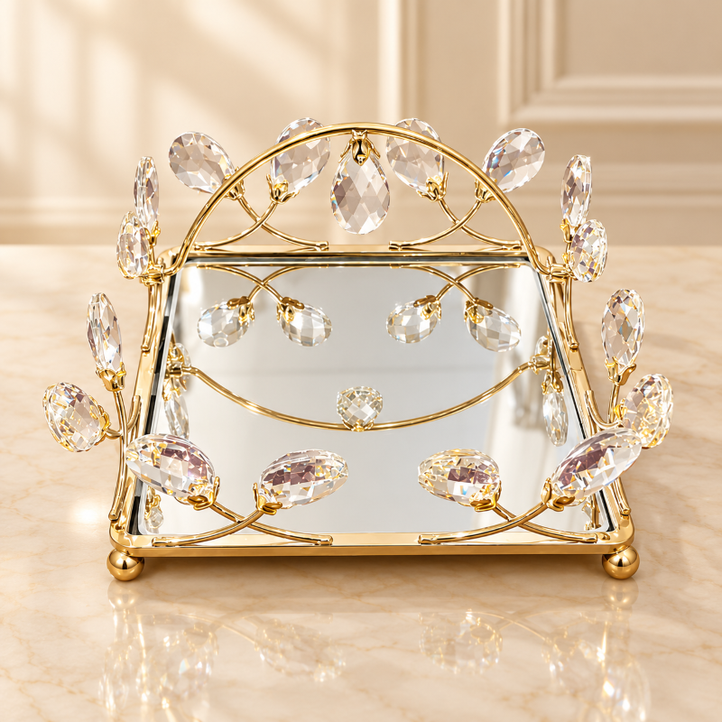 Anupam Gold Square Mirrored Decorative Tray with Glass Leaf Accents & Ball Feet – 4.5 x 7 x 7 Inches (H x W x L)