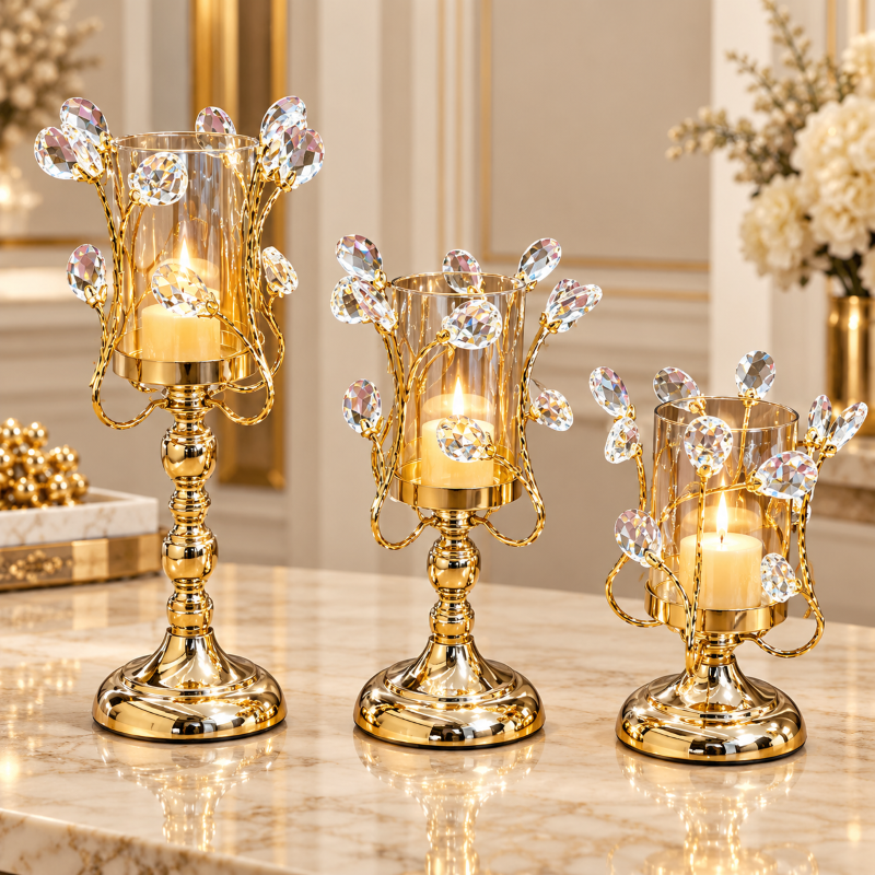 Anupam Gold Glass Candle Holders Set of 3 with Floral Accents & Pedestal Bases – Large 14 x 4 Inches; Medium 11 x 4 Inches; Small 9 x 4 Inches (H x W)