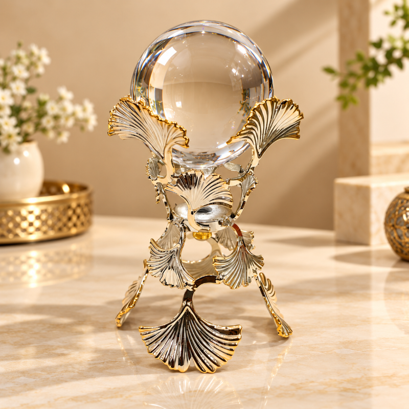 Anupam Gold & Silver Leaf Design Clear Glass Orb Showpiece with Ornate Metal Stand for Home, Office & Table Decor — image 1