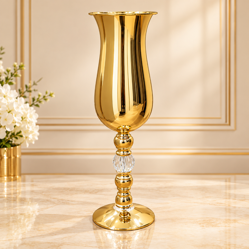 Anupam Gold Trumpet Flower Vase with Flared Rim, Glass Accent Stem & Pedestal Base - 131554, image 1