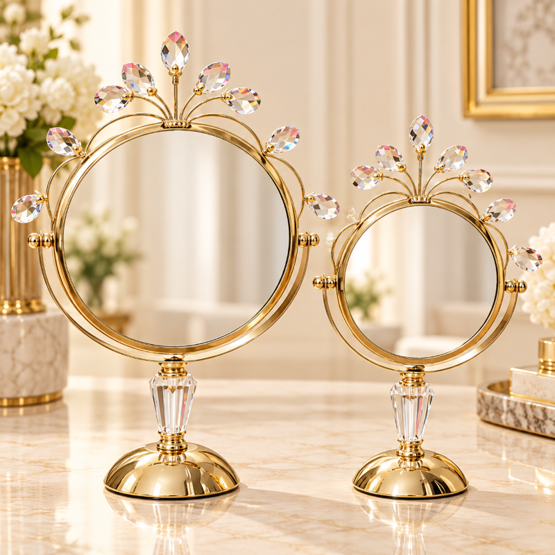 Anupam Gold Round Tabletop Mirrors Set of 2 with Floral Glass Crowns & Pedestal Stands - 131556, image 1