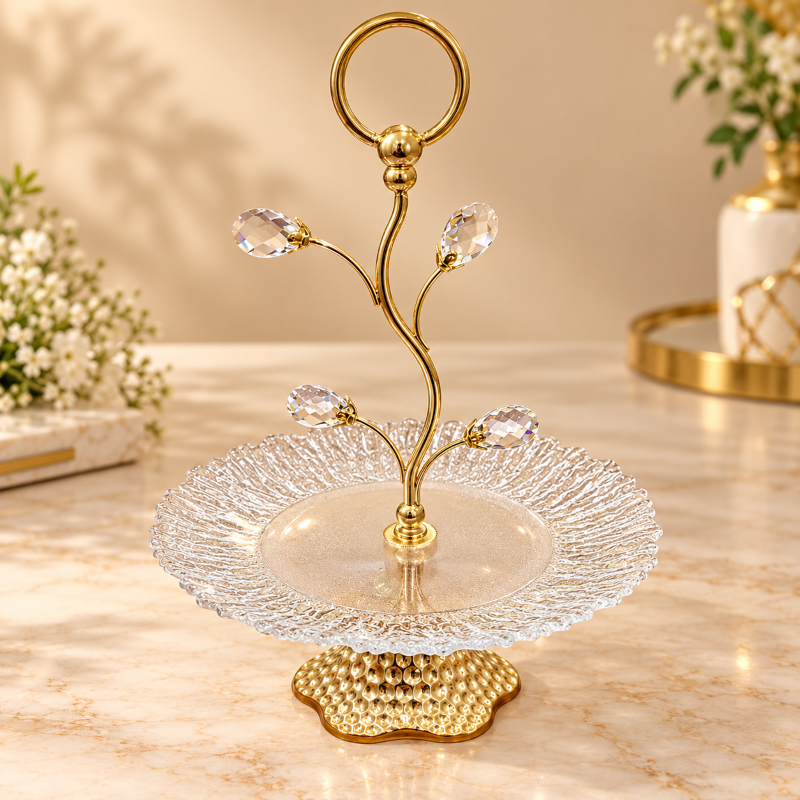 Anupam Gold Single Tier Textured Glass Serving Stand with Leaf Detail & Ring Handle, Gold Metal & Glass - product image 1