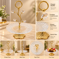 Anupam Gold Single Tier Textured Glass Serving Stand with Leaf Detail & Ring Handle, Gold Metal & Glass - product image 3