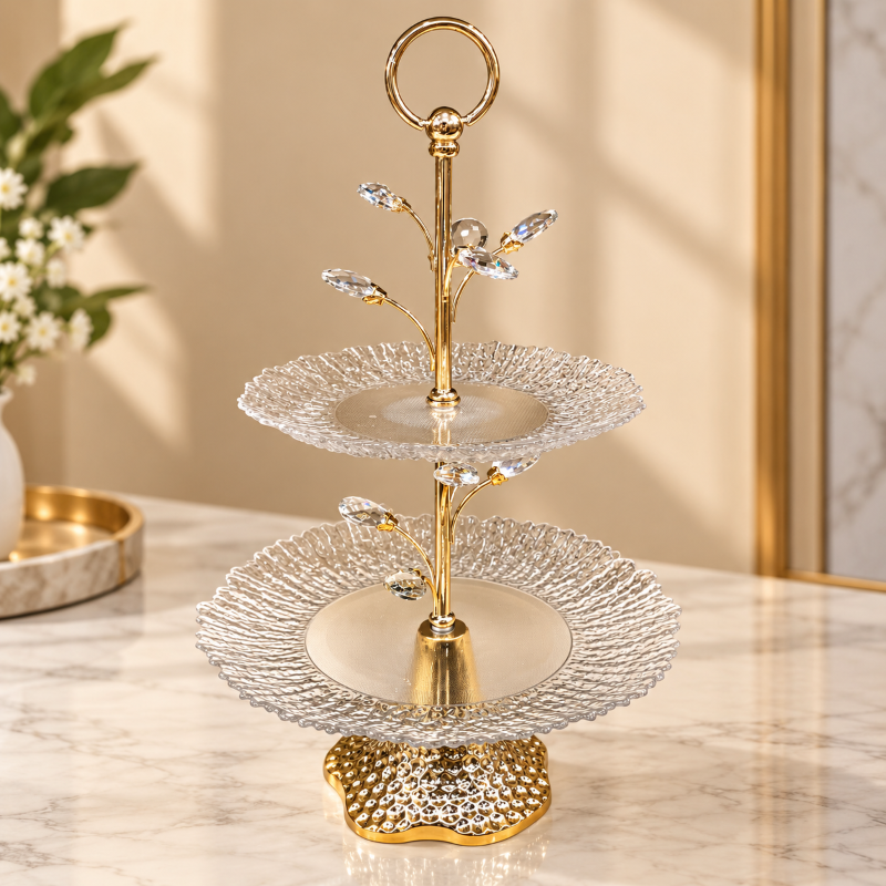 Anupam Gold Two Tier Textured Glass Serving Stand with Ring Handle & Decorative Leaves – 20 x 11 Inches (H x W)