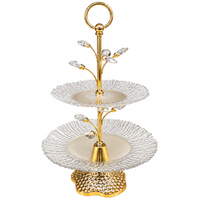 Anupam Gold Two Tier Textured Glass Serving Stand with Ring Handle & Decorative Leaves, Gold Metal & Glass - product image 5