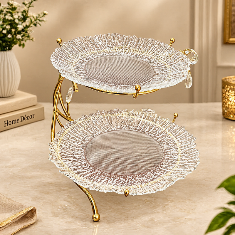 Anupam Gold Two Tier Glass Serving Stand with Curved Metal Frame & Hanging Accents, Gold Metal & Glass - product image 1