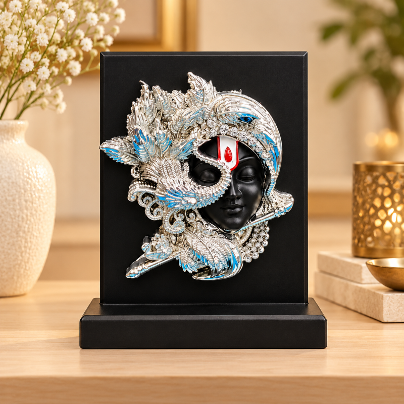 Anupam Lord Krishna Brass Face Plaque with Peacock Inspired Silver Tone Detailing for Home Mandir Decor & Gifting