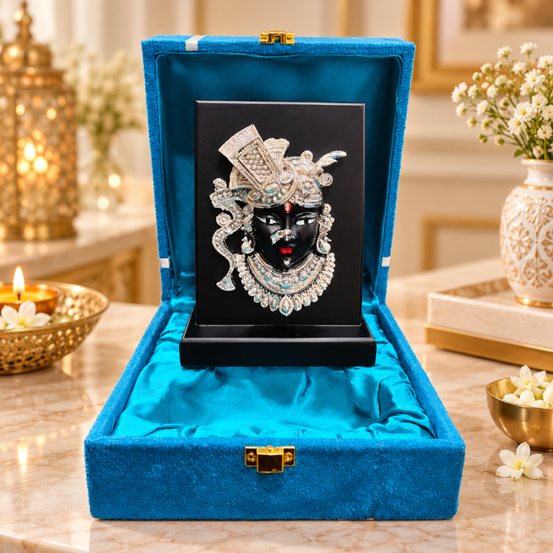 Anupam Shrinathji Brass Religious Face Plaque with Silver Tone Detailing for Home Temple Decor & Spiritual Gifting