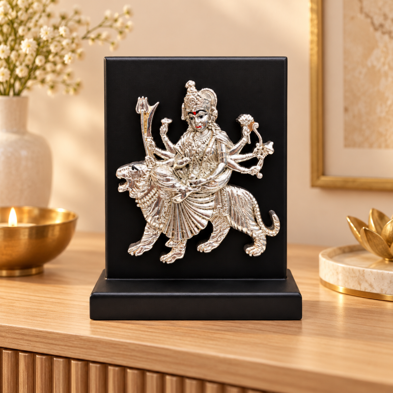 Anupam Maa Durga Brass Religious Plaque with Lion Motif and Silver Tone Finish for Home Mandir Decor & Festive Gifting