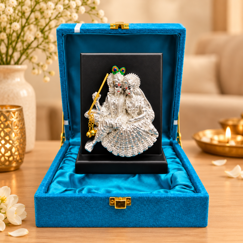 Anupam Radha Krishna Brass Religious Plaque with Silver Tone Detailing for Home Mandir Decor & Festive Gifting