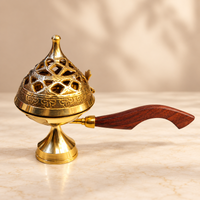 Anupam Brass Jali Dhoop Burner No. 00 with Wooden Handle and Decorative Lid for Daily Puja, Home Temple & Aarti