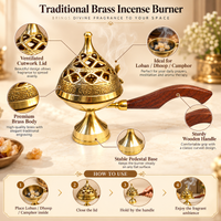 Anupam Brass Jali Dhoop Burner No. 00 with Wooden Handle and Decorative Lid for Daily Puja, Home Temple & Aarti