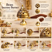 Anupam Brass Jali Dhoop Burner No. 00 with Wooden Handle and Decorative Lid for Daily Puja, Home Temple & Aarti