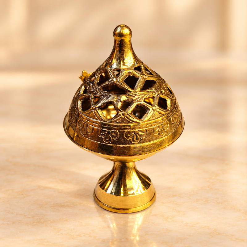 Anupam Brass Jali Dhoop Burner No. 0 with Decorative Domed Lid and Pedestal Base for Home Mandir & Daily Puja