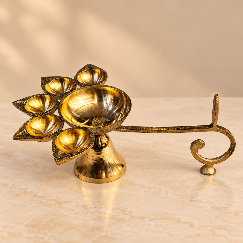 Anupam Brass Panch Aarti Diya No. 4 with Five Wick Bowls and Long Handle for Daily Puja, Mandir & Festive Worship