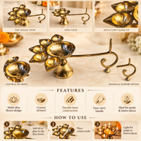 Anupam Brass Panch Aarti Diya No. 4 with Five Wick Bowls and Long Handle for Daily Puja, Mandir & Festive Worship