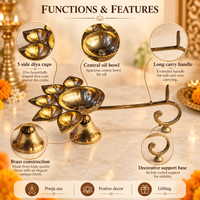 Anupam Brass Panch Aarti Diya No. 4 with Five Wick Bowls and Long Handle for Daily Puja, Mandir & Festive Worship