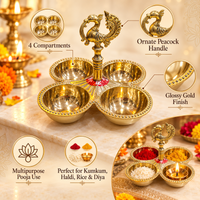 Anupam Brass Peacock Four Bowl Puja Chowki No. 2 for Kumkum, Haldi & Ritual Offerings, Home Mandir & Festive Gifting