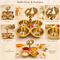 Anupam Brass Peacock Four Bowl Puja Chowki No. 2 for Kumkum, Haldi & Ritual Offerings, Home Mandir & Festive Gifting