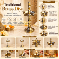 Anupam Brass Standing Deepak No. 9 Traditional Pedestal Oil Lamp for Home Mandir, Daily Puja & Festive Decor