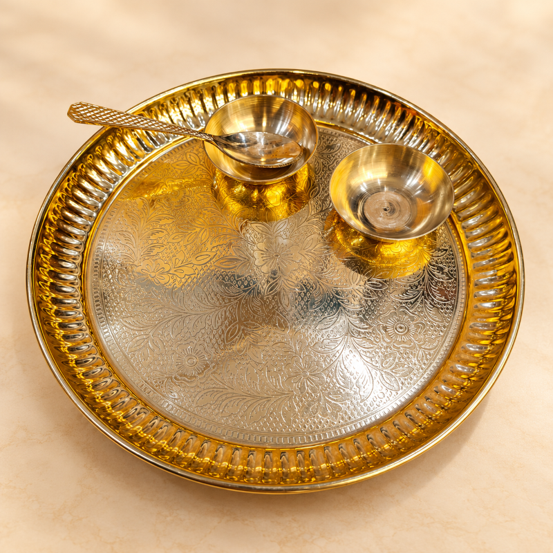 Anupam Brass Puja Thali Set No. 7 with Decorative Plate and Ritual Accessories for Home Mandir, Daily Aarti & Gifting
