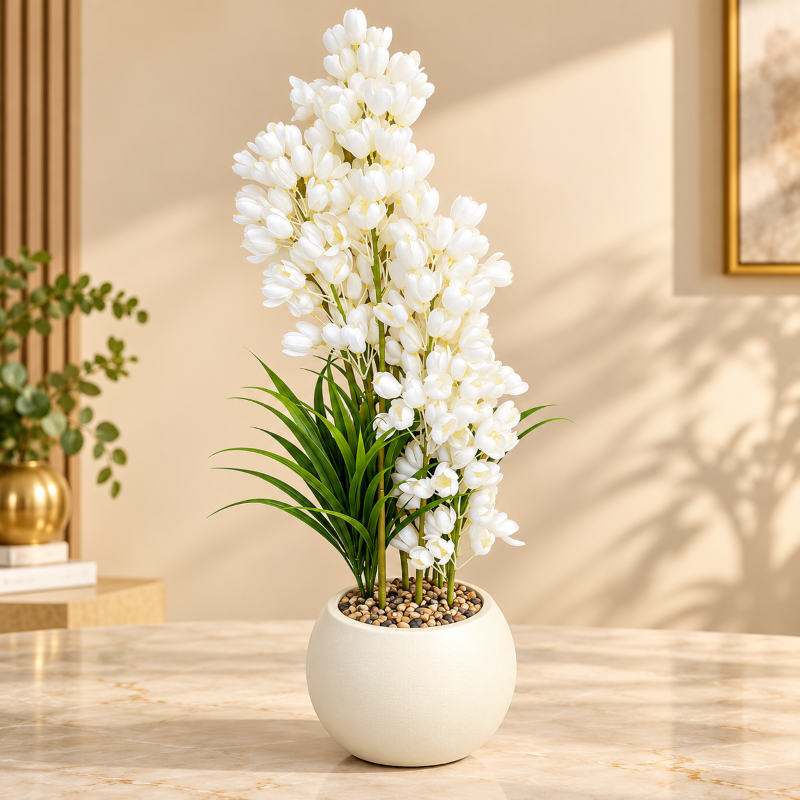Anupam White Blossom Artificial Flower Arrangement with Round Cream Pot, 34 x 7 Inches – Home & Office Decor