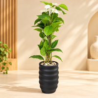 White Flower Artificial Leafy Plant with Ribbed Black Vase, 36 x 7 inches - view 1