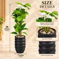 White Flower Artificial Leafy Plant with Ribbed Black Vase, 36 x 7 inches - view 3