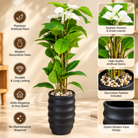 White Flower Artificial Leafy Plant with Ribbed Black Vase, 36 x 7 inches - view 5