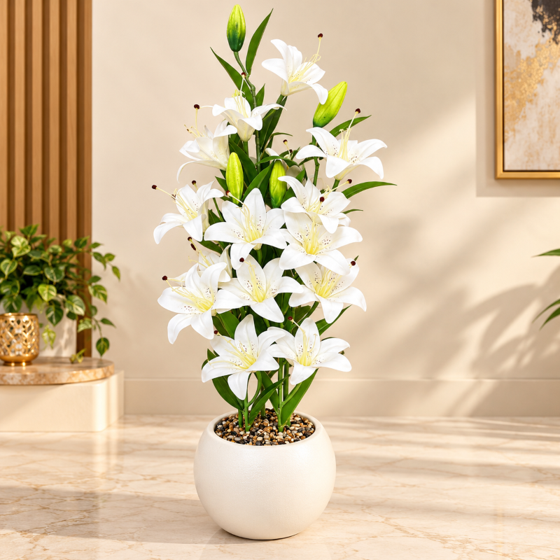 White Lily Artificial Flower Arrangement with Round Ivory Pot, 35 x 7 inches - view 1