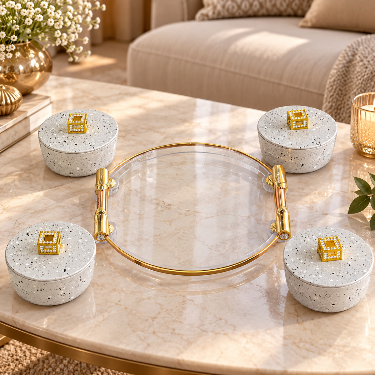 Anupam Premium 5 Piece Serving Set with 4 Lidded Snack Bowls & Round Gold Handle Tray