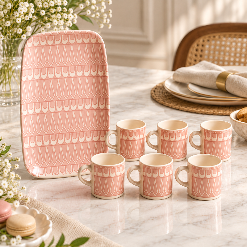 Anupam Premium 7 Piece Tea & Coffee Serving Set with 6 Printed Cups and Matching Rectangular Tray