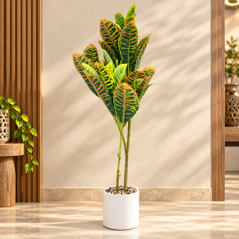 Anupam Artificial Croton Plant with White Pot & Decorative Pebbles – Multicolour Foliage for Home & Office Décor, 43 Inch Height, 6 Inch Pot Diameter