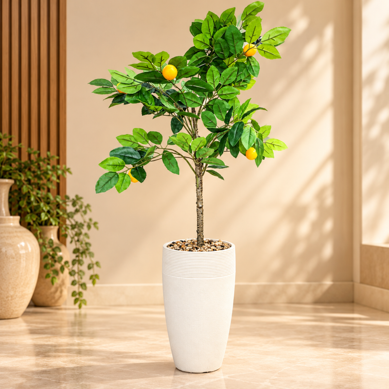 Anupam Artificial Lemon Tree with Cream Textured Planter, Green Leaves & Yellow Decorative Fruits for Home & Office Décor – 43 Inch Height, 6 Inch Pot Diameter