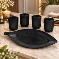 Anupam black leaf tray and four tumblers premium dining setup