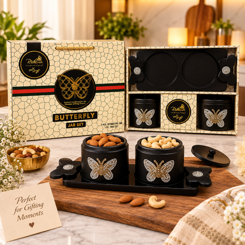 Anupam Premium Butterfly Design Kitchen Storage Jar Set of 2 with Decorative Serving Tray for Dry Fruits, Snacks & Gifting