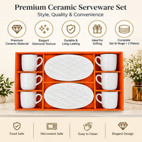 Anupam premium ceramic serveware set featuring six mugs and two plates with diamond texture