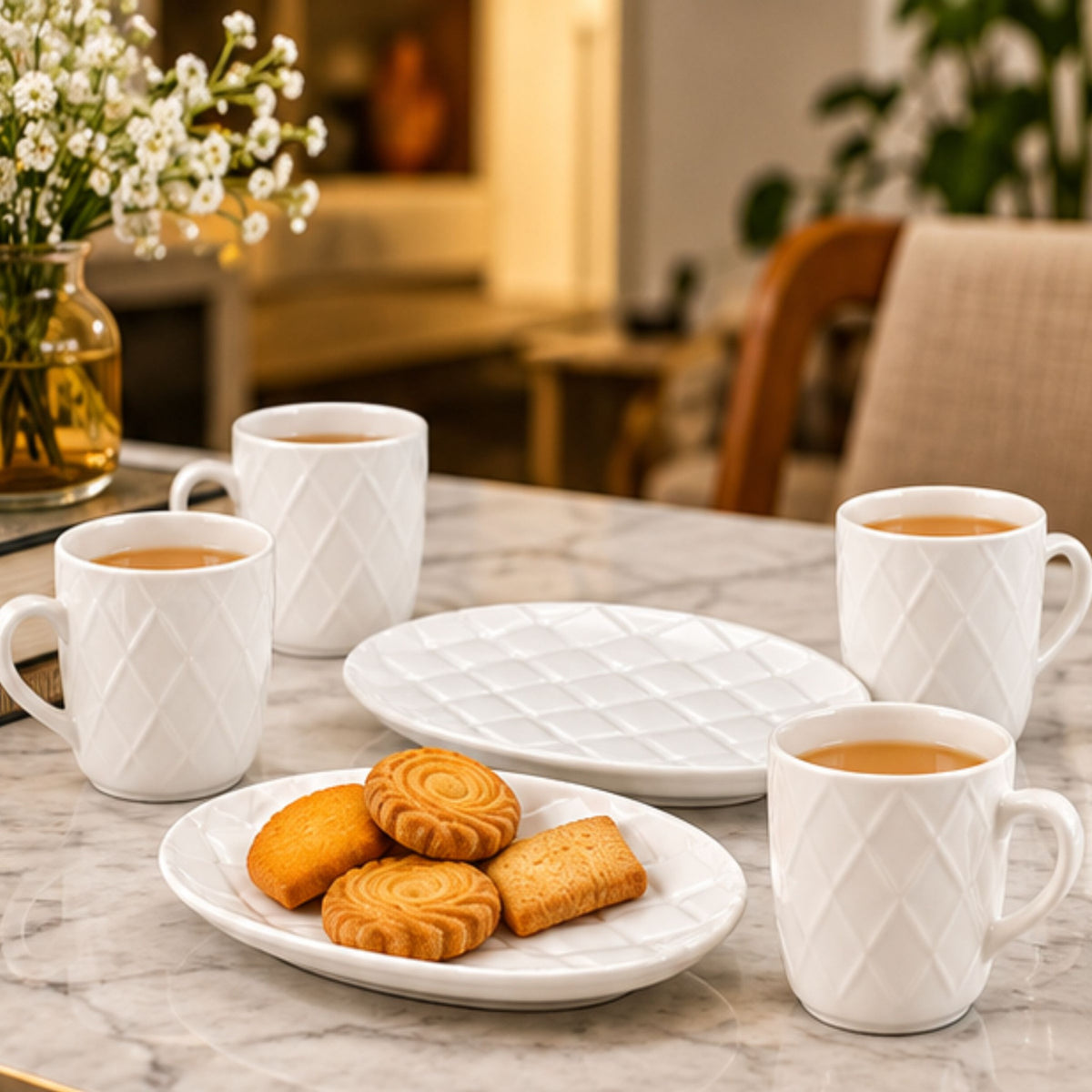 Anupam Premium White Ceramic Tea & Coffee Serveware Set of 8 with 6 Diamond Texture Mugs & 2 Serving Plates