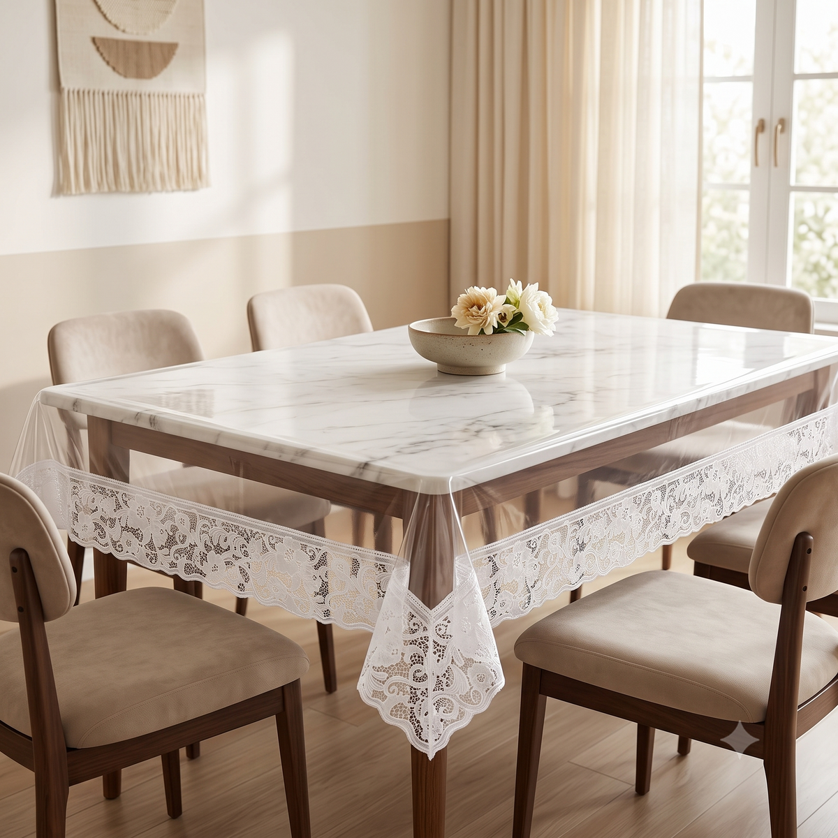 Anupam Crystal Clear PVC Dining Table Cover with Elegant White Lace Border | Waterproof Easy-Clean Table Protector