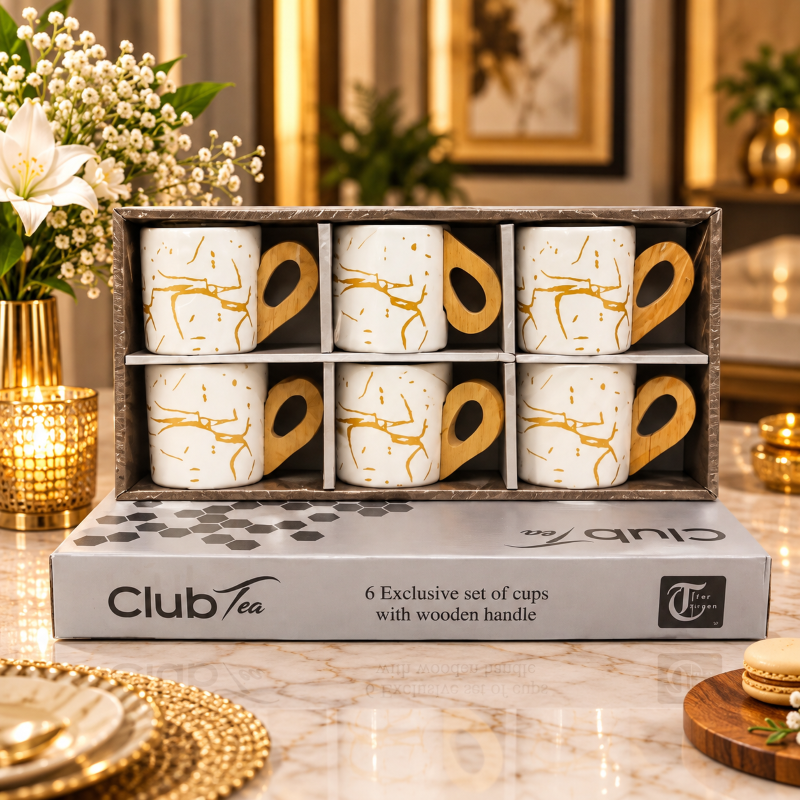Anupam Club Tea Premium White & Gold 6 Piece Ceramic Mug Set with Wooden Handles | Elegant Tea Coffee Gift Set