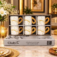 Anupam Club Tea white and gold 6 piece ceramic mug set with wooden handles
